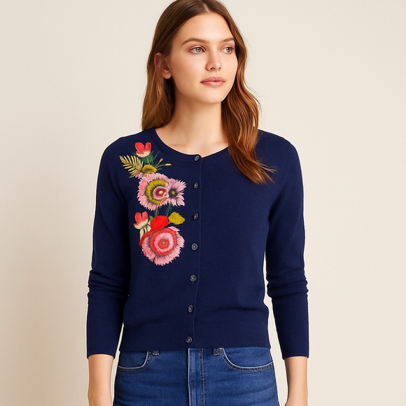 Anthropologie Karen Nicol Navy Blue Embroidered Floral Wool Blend Cardigan L - Picture 1 of 4
